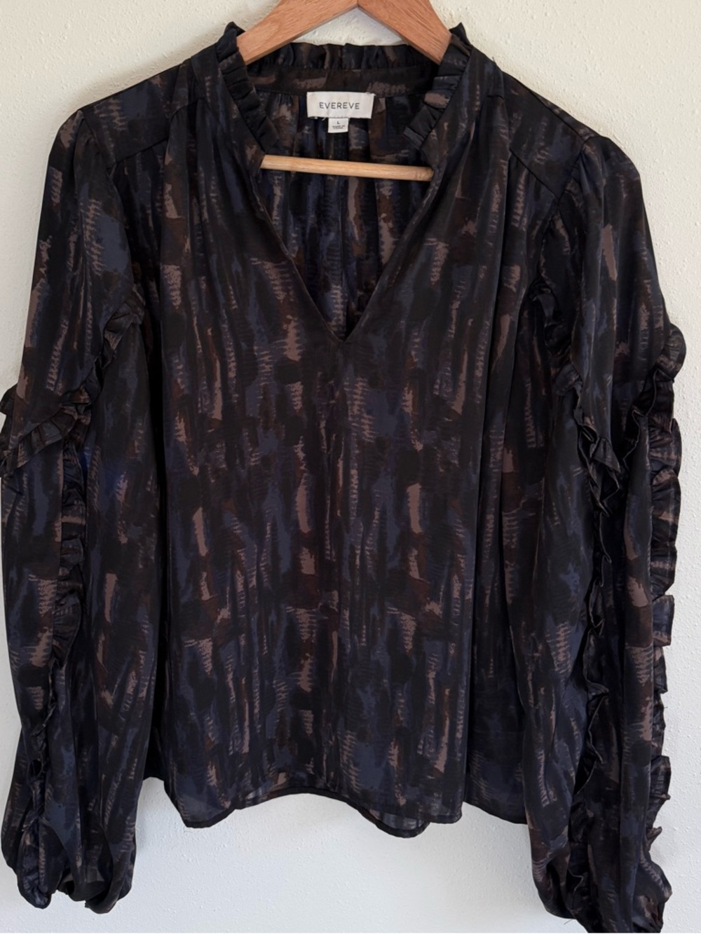 Evereve Black Blouse with Taupe Brushstroke Ruffle Sleeves - Picture 3 of 7